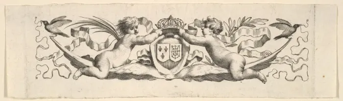 Framed Print : Headband: Two Infants with the Arms of France and Navarre. Creator: Claude Mellan Framed Print : Headband: Two Infants with the Arms of France and Navarre. Creator: Claude Mellan