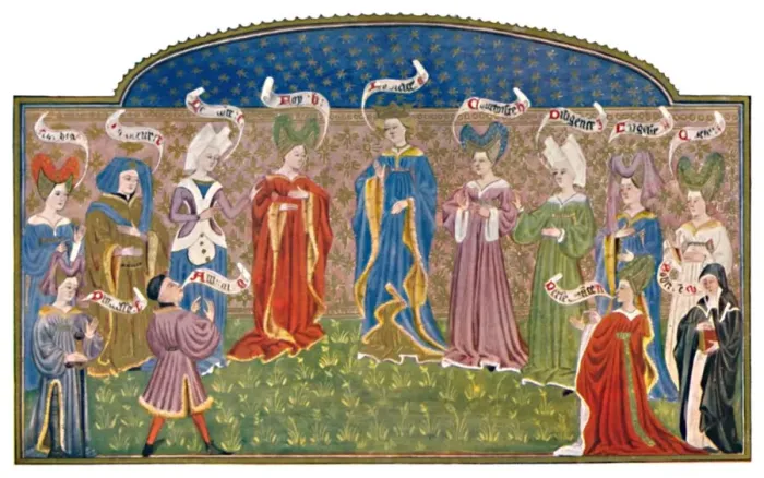 Framed Print : Headdresses in the Fifteenth Century (MS. Roy. 15 E. v. ), 15th century, (1903) Framed Print : Headdresses in the Fifteenth Century (MS. Roy. 15 E. v. ), 15th century, (1903)