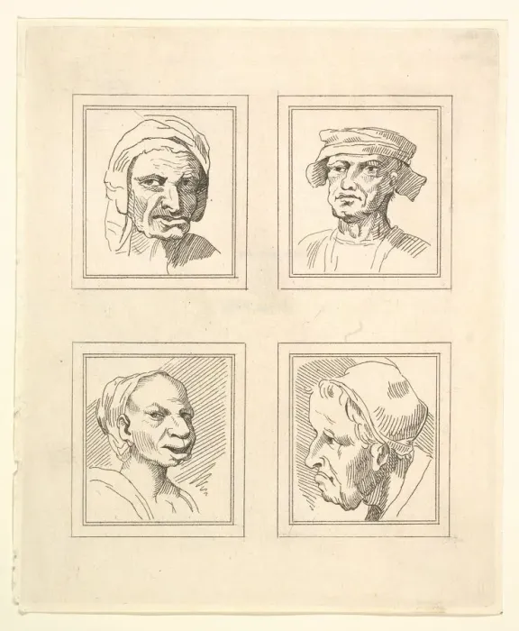 Framed Print : Four Heads (from Characaturas by Leonardo da Vinci, from Drawings by Wincelslaus Hollar
