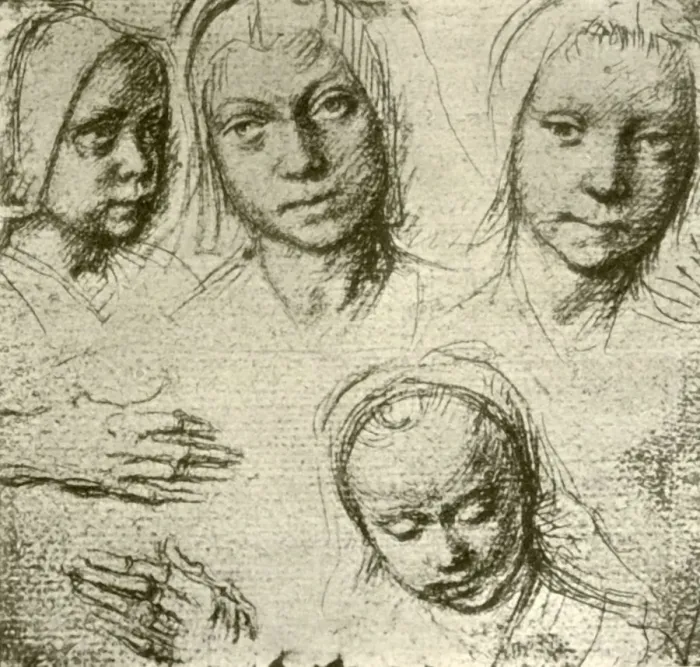 Framed Print : Four Heads of a Young Girl and Two Hands, c1500-1505, (1908). Creator: Gerard David Framed Print : Four Heads of a Young Girl and Two Hands, c1500-1505, (1908). Creator: Gerard David
