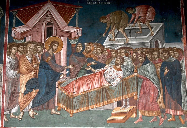 The Healing the paralytic at Capernaum, ca 1350. Artist: Anonymous