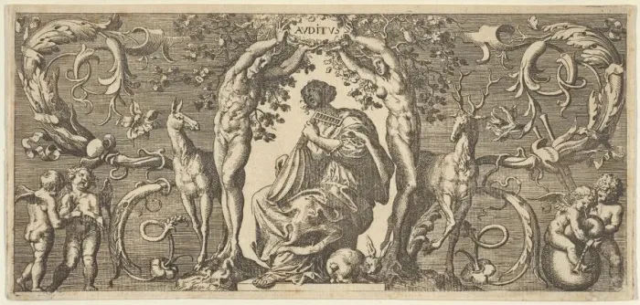 Framed Print : Hearing (Auditus), from Quinque Sensuum (Five Senses), ca. 1655. Creator: Francis Cleyn Framed Print : Hearing (Auditus), from Quinque Sensuum (Five Senses), ca. 1655. Creator: Francis Cleyn