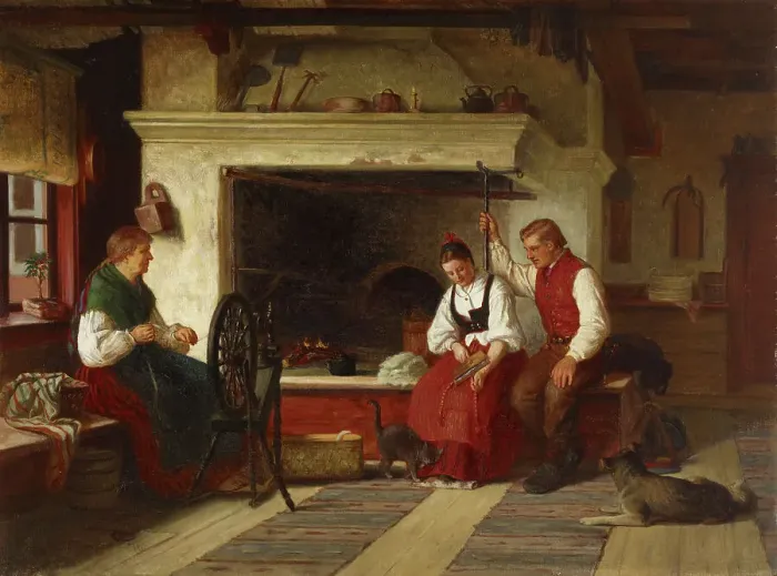Framed Print : By the Hearth, an Ostrobothnian Courting Scene, 1871. Creator: Adolf von Becker Framed Print : By the Hearth, an Ostrobothnian Courting Scene, 1871. Creator: Adolf von Becker