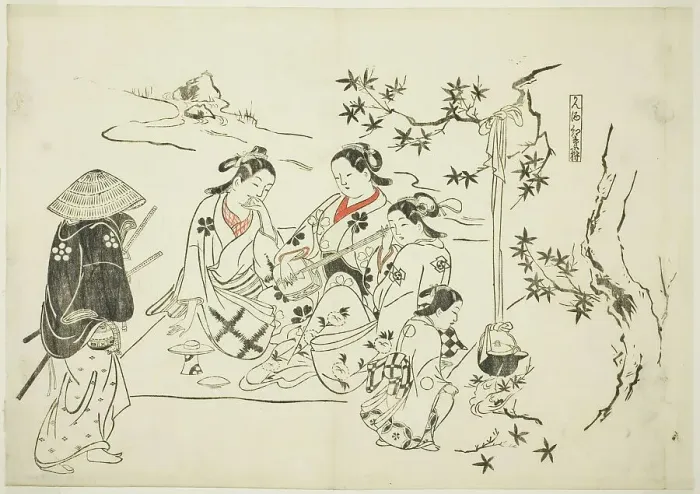 Framed Print : Heating Sake with Maple Leaves (Kanzake momijigari), no. 9 from a series of 12 prints... c.1716 / 35. Creator: Okumura Masanobu Framed Print : Heating Sake with Maple Leaves (Kanzake momijigari), no. 9 from a series of 12 prints... c.1716 / 35. Creator: Okumura Masanobu