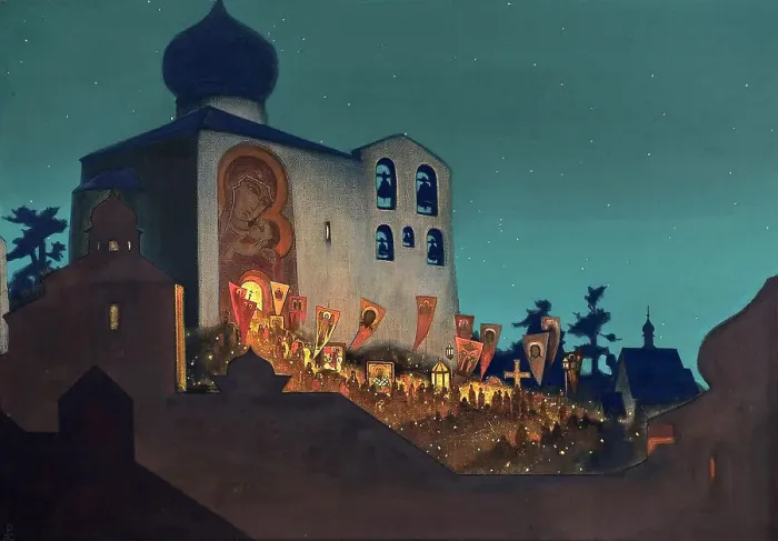 Framed Print : The Heavenly Forces are Serving with us invisibly (Easter Night), 1934. Creator: Roerich, Nicholas (1874-1947) Framed Print : The Heavenly Forces are Serving with us invisibly (Easter Night), 1934. Creator: Roerich, Nicholas (1874-1947)