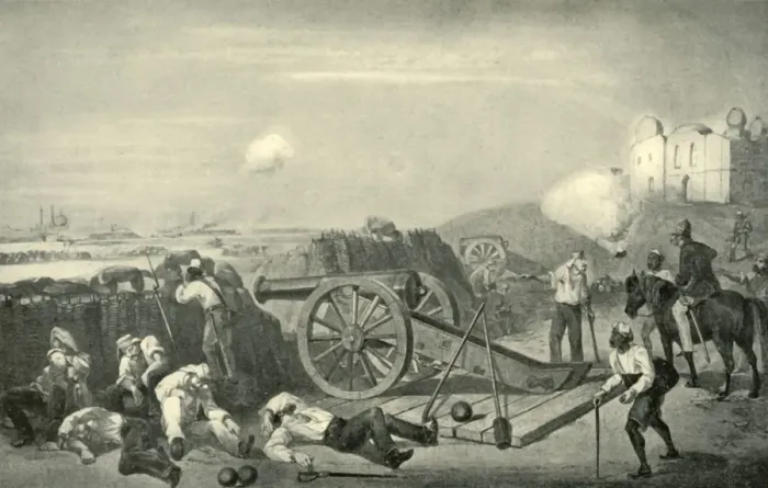Framed Print : A Heavy Day in the Batteries Before Delhi, 1857, (1901). Creator: George Francklin Atkinson Framed Print : A Heavy Day in the Batteries Before Delhi, 1857, (1901). Creator: George Francklin Atkinson