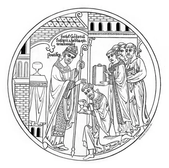 Framed Print : Hedda of Winchester consecrates St Guthlac, late 12th century, (1843). Artist: Henry Shaw Framed Print : Hedda of Winchester consecrates St Guthlac, late 12th century, (1843). Artist: Henry Shaw