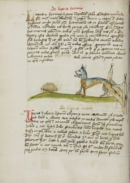 Framed Print : A Hedgehog and a Wolf; Fables, third quarter of 15th century. Creator: Unknown Framed Print : A Hedgehog and a Wolf; Fables, third quarter of 15th century. Creator: Unknown