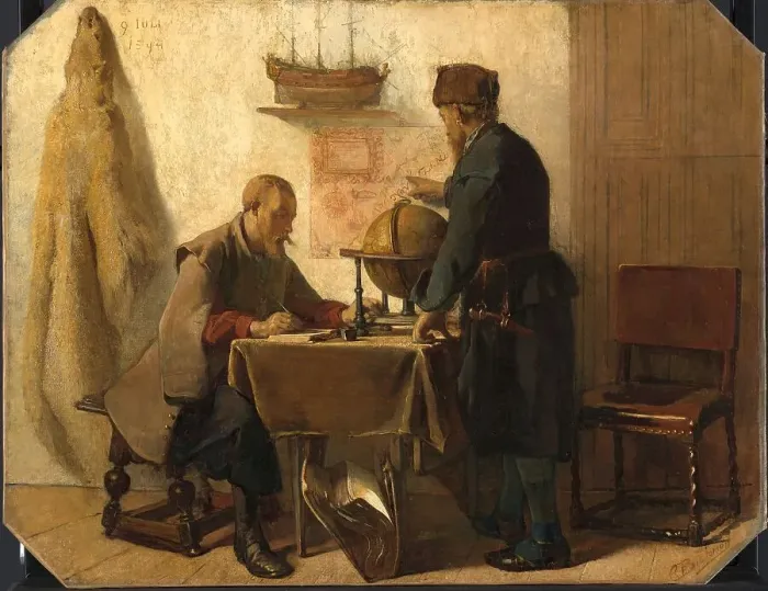 Framed Print : Heemskerck and Barents Planning their Second Expedition to the Far North, 1862. Creator: Christoffel Bisschop Framed Print : Heemskerck and Barents Planning their Second Expedition to the Far North, 1862. Creator: Christoffel Bisschop
