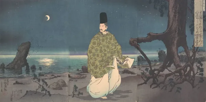 Framed Print : Heian Period Courtier on a Moonlit Beach, 19th century. Creator: Kobayashi Kiyochika Framed Print : Heian Period Courtier on a Moonlit Beach, 19th century. Creator: Kobayashi Kiyochika