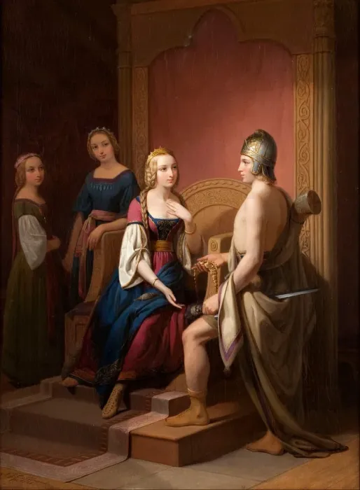 Framed Print : Heimdall returns the Brisingamen to Freya, 1846. Artist: Blommer, Nils Jakob (1816-1853) Framed Print : Heimdall returns the Brisingamen to Freya, 1846. Artist: Blommer, Nils Jakob (1816-1853)