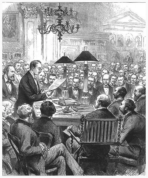 Heinrich Schliemann lecturing in London, 1877