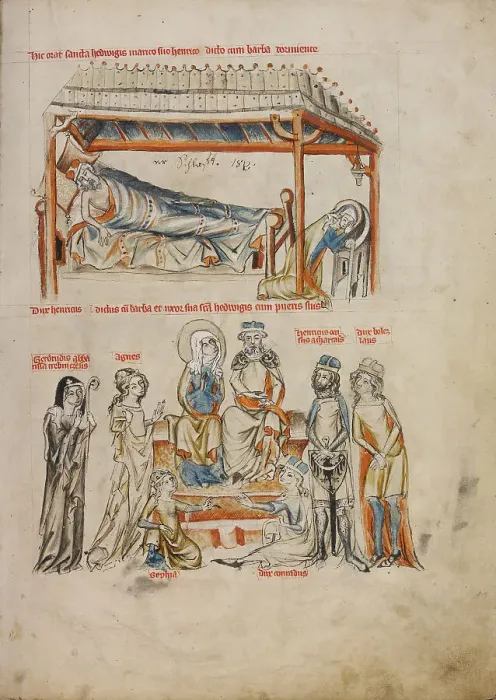Framed Print : Heinrich Sleeping and Hedwig Praying. Heinrich and Hedwig with Their Children, 1353. Artist: Court workshop of Duke Ludwig I of Liegnitz (active 1350-1398) Framed Print : Heinrich Sleeping and Hedwig Praying. Heinrich and Hedwig with Their Children, 1353. Artist: Court workshop of Duke Ludwig I of Liegnitz (active 1350-1398)