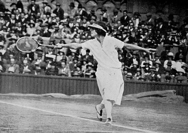 Helen Wills playing her first Wimbledon final against Kathleen McKane, 1924. Artist: Tropical Press