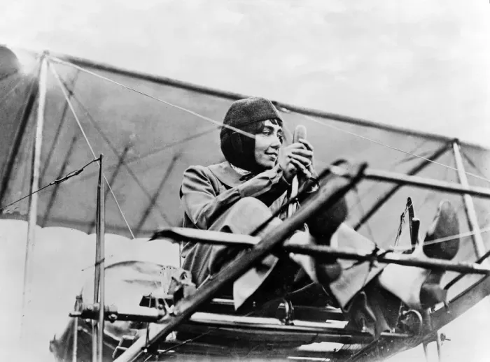Framed Print : Helene Dutrieu at the controls of her plane, c. 1911 Framed Print : Helene Dutrieu at the controls of her plane, c. 1911