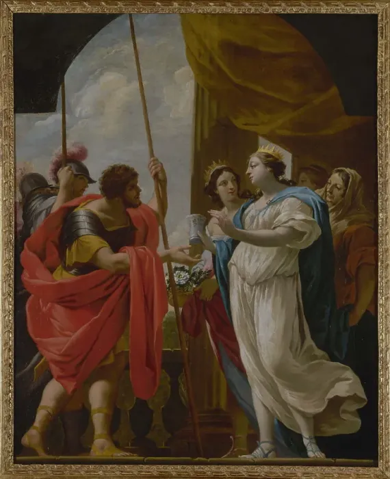 Framed Print : Hélène offrant à Ménélas la potion de la reine Polydamne, c1650. Creator: Workshop of Simon Vouet Framed Print : Hélène offrant à Ménélas la potion de la reine Polydamne, c1650. Creator: Workshop of Simon Vouet