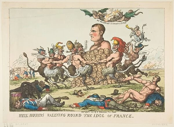 Hell Hounds Rallying Round the Idol of France, April 8, 1815. Creator: Thomas Rowlandson