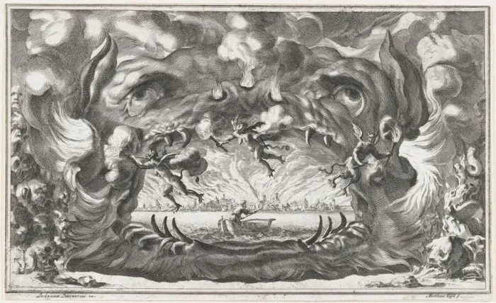 Framed Print : The hellmouth, set design from Il Pomo D'Oro, 1668. Creator: Mathaus Küsel Framed Print : The hellmouth, set design from Il Pomo D'Oro, 1668. Creator: Mathaus Küsel
