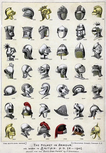 The helmet in armour as worn in Britain from 78 AD to 1901. Artist: F Stansell