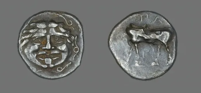 Framed Print : Hemidrachm (Coin) Depicting a Bull, about 400 BCE and later. Creator: Unknown Framed Print : Hemidrachm (Coin) Depicting a Bull, about 400 BCE and later. Creator: Unknown