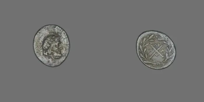 Framed Print : Hemidrachm (Coin) Depicting the God Zeus Amarios, 191-146 BCE. Creator: Unknown Framed Print : Hemidrachm (Coin) Depicting the God Zeus Amarios, 191-146 BCE. Creator: Unknown