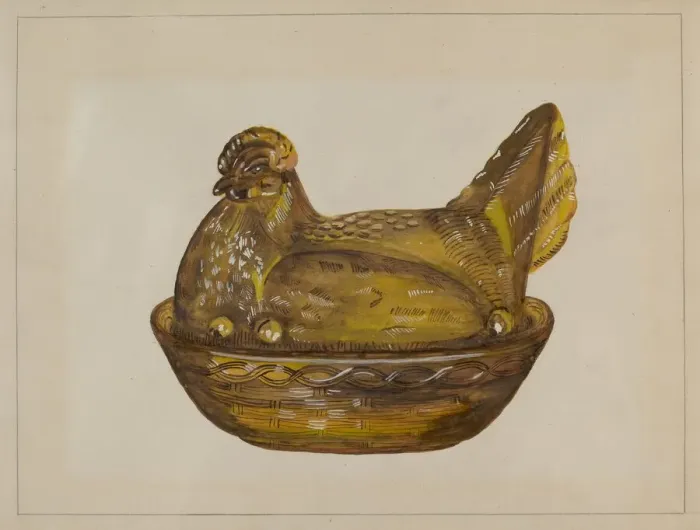 Framed Print : Hen on Dish, c. 1936. Creator: Katherine Hastings Framed Print : Hen on Dish, c. 1936. Creator: Katherine Hastings