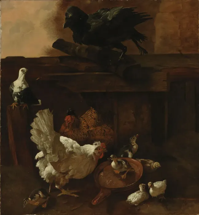 Framed Print : Hen and ducklings watched by a raven, 1842-1866. Creator: Wladimir Swertschkoff Framed Print : Hen and ducklings watched by a raven, 1842-1866. Creator: Wladimir Swertschkoff