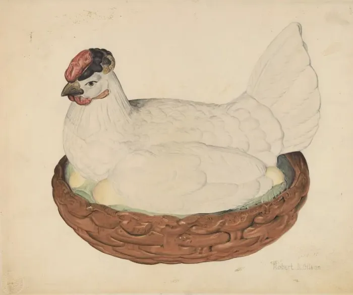 Framed Print : Hen on Nest, c. 1938. Creator: Robert Gilson Framed Print : Hen on Nest, c. 1938. Creator: Robert Gilson
