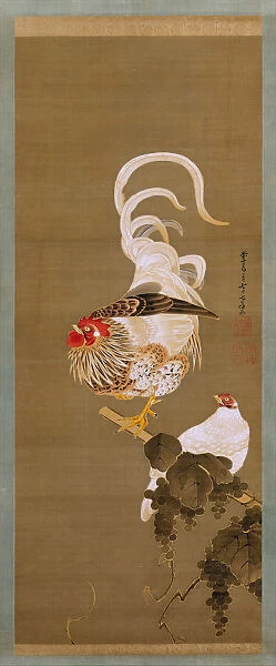 Hen and Rooster with Grapevine, 1792. Creator: Ito Jakuchu