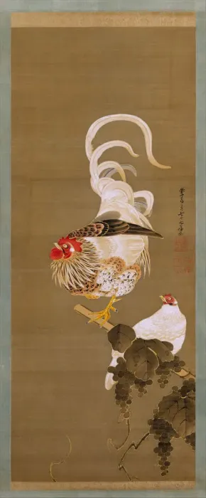 Framed Print : Hen and Rooster with Grapevine, 1792. Creator: Ito Jakuchu Framed Print : Hen and Rooster with Grapevine, 1792. Creator: Ito Jakuchu