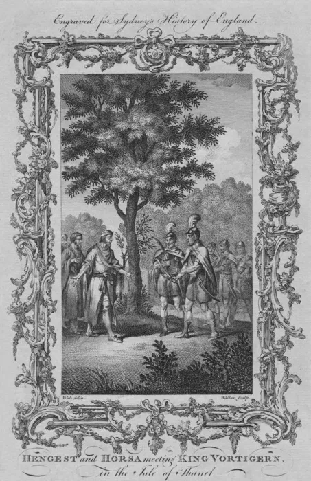 Framed Print : Hengest and Horsa meeting King Vortigern, in the Isle of Thanet, 1773. Creator: William Walker Framed Print : Hengest and Horsa meeting King Vortigern, in the Isle of Thanet, 1773. Creator: William Walker