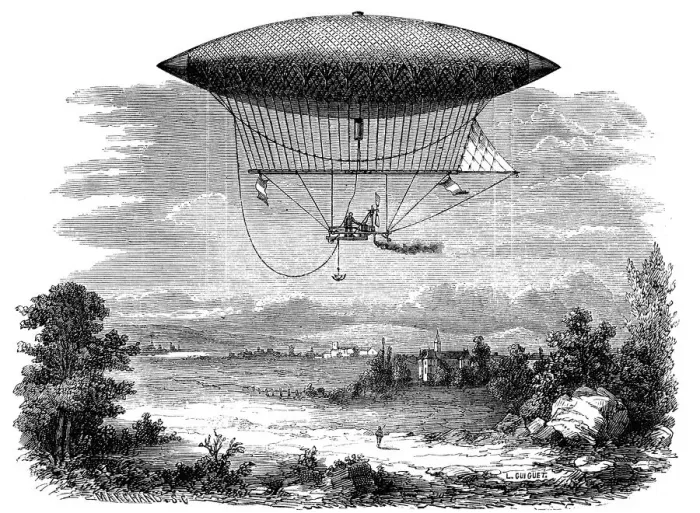 Framed Print : Henri Giffards steam powered steerable (dirigible) airship, 1852 Framed Print : Henri Giffards steam powered steerable (dirigible) airship, 1852