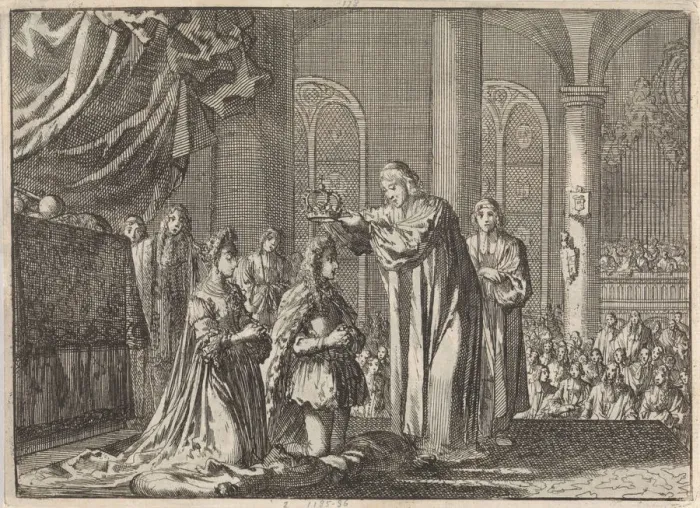 Framed Print : Henry Compton crowning William and Mary at Westminster Abbey on 11 April 1689, 1698 Framed Print : Henry Compton crowning William and Mary at Westminster Abbey on 11 April 1689, 1698