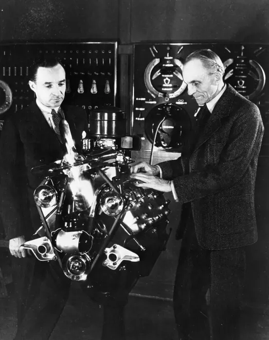 Framed Print : Henry and Edsel Ford with a Ford V8 engine, (c1940s?) Framed Print : Henry and Edsel Ford with a Ford V8 engine, (c1940s?)