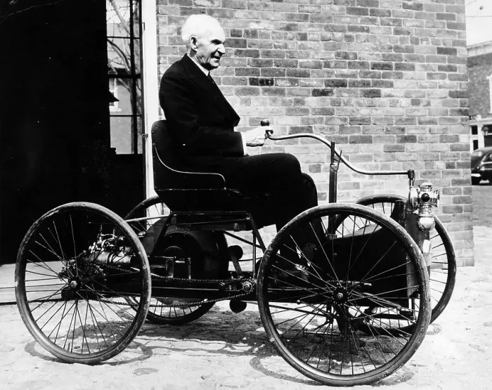 Framed Print : Henry Ford on a 1896 Ford, (c1940s?) Framed Print : Henry Ford on a 1896 Ford, (c1940s?)