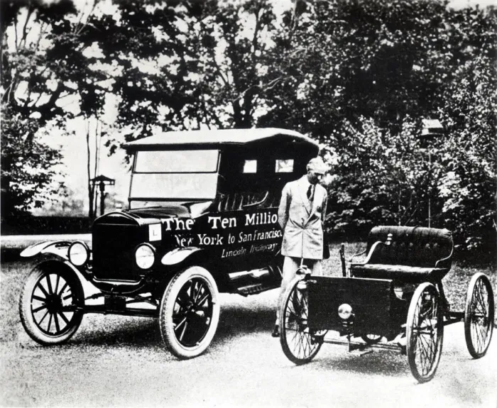 Framed Print : Henry Ford with old models of the Ford trademark