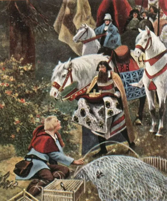 Framed Print : Henry the Fowler being offered the crown while trapping birds, (1900), (1936). Creator Framed Print : Henry the Fowler being offered the crown while trapping birds, (1900), (1936). Creator