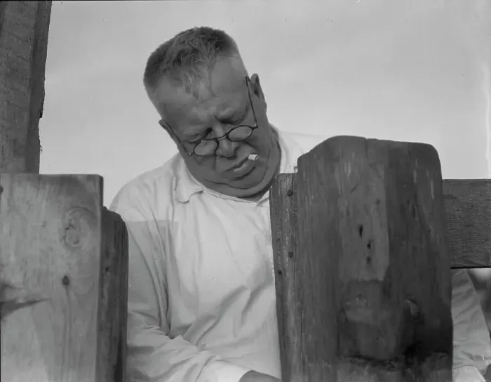 Framed Print : Henry Lotz closing the gate to the barns at the Midway City Dairy Association, near Santa Ana, 1937. Creator: Dorothea Lange Framed Print : Henry Lotz closing the gate to the barns at the Midway City Dairy Association, near Santa Ana, 1937. Creator: Dorothea Lange
