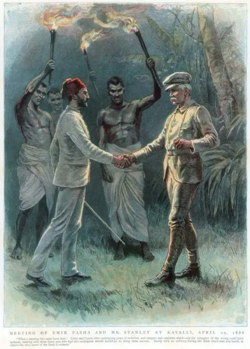 Framed Print : Henry Morton Stanley, Welsh journalist and explorer, meeting Emin Pasha at Kavalli, 29 April 1888