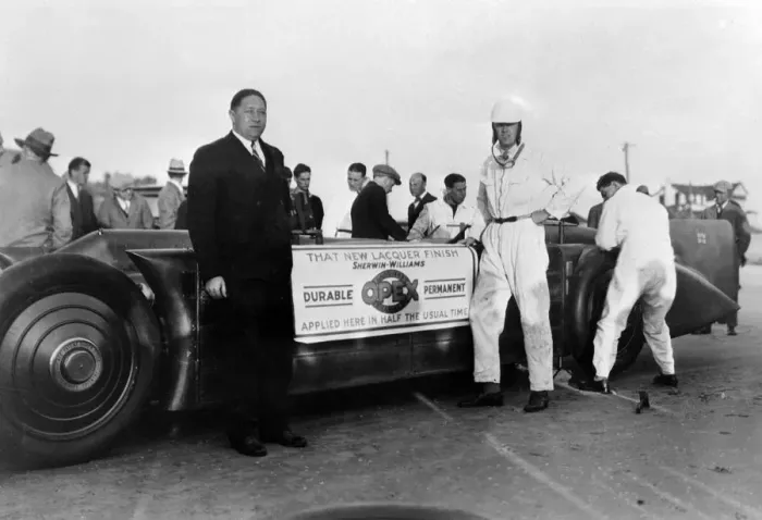 Framed Print : Henry Segrave and Golden Arrow at Daytona 1929 promoting Opex Lacquer. Creator: Unknown Framed Print : Henry Segrave and Golden Arrow at Daytona 1929 promoting Opex Lacquer. Creator: Unknown