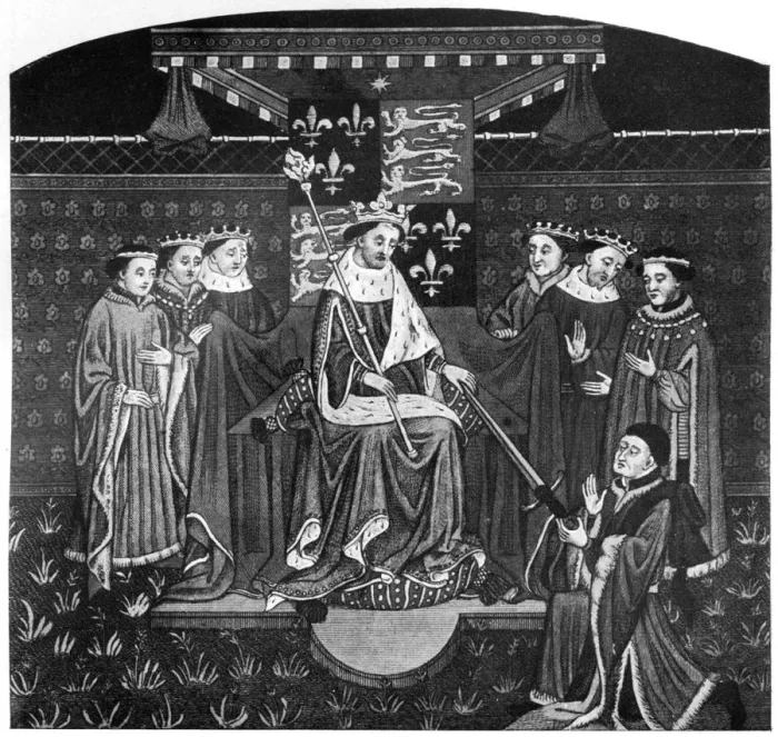 Framed Print : Henry VI presenting a sword to John Talbot, Earl of Salisbury, c1445, (1910) Framed Print : Henry VI presenting a sword to John Talbot, Earl of Salisbury, c1445, (1910)