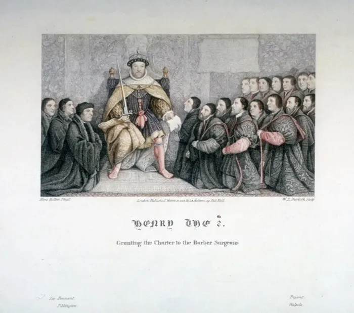 Framed Print : Henry VIII granting the charter to the Barber Surgeons, 16th century, (1817) Framed Print : Henry VIII granting the charter to the Barber Surgeons, 16th century, (1817)