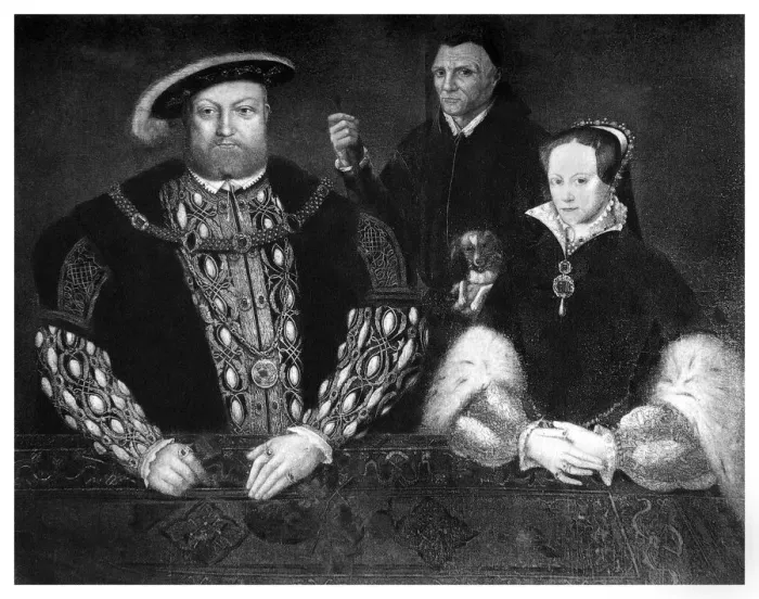 Framed Print : Henry VIII, Princess Mary and William Sommers, 16th century, (1896). Artist: Boussod, Valadon & Co Framed Print : Henry VIII, Princess Mary and William Sommers, 16th century, (1896). Artist: Boussod, Valadon & Co
