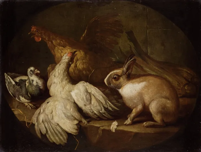 Framed Print : Hens, a Pigeon and a Rabbit, between 1718-1720. Creator: Giovanni Agostino Cassana Framed Print : Hens, a Pigeon and a Rabbit, between 1718-1720. Creator: Giovanni Agostino Cassana