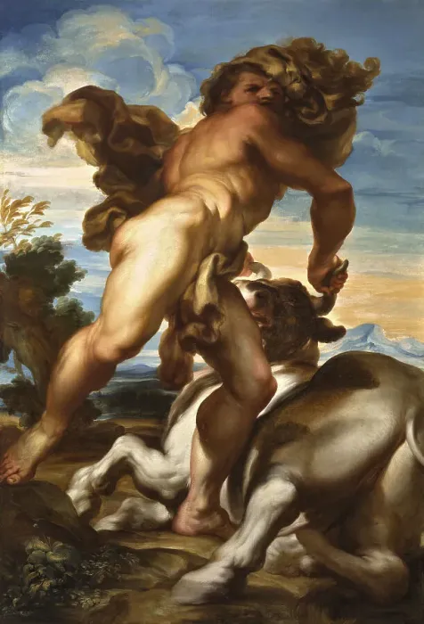 Framed Print : Heracles with the Cretan bull, c.1690. Creator: De Ferrari, Gregorio (1647-1726) Framed Print : Heracles with the Cretan bull, c.1690. Creator: De Ferrari, Gregorio (1647-1726)