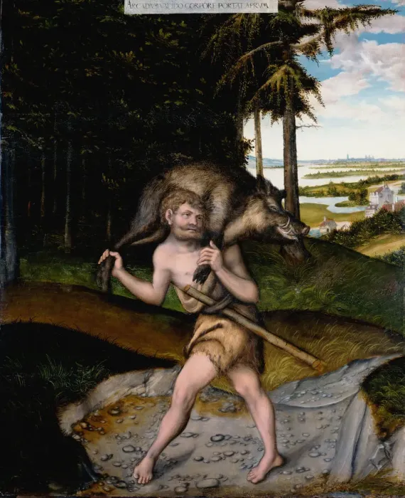 Framed Print : Heracles and the Erymanthian Boar (From The Labours of Hercules). Artist: Cranach, Lucas, the Elder (1472-1553) Framed Print : Heracles and the Erymanthian Boar (From The Labours of Hercules). Artist: Cranach, Lucas, the Elder (1472-1553)