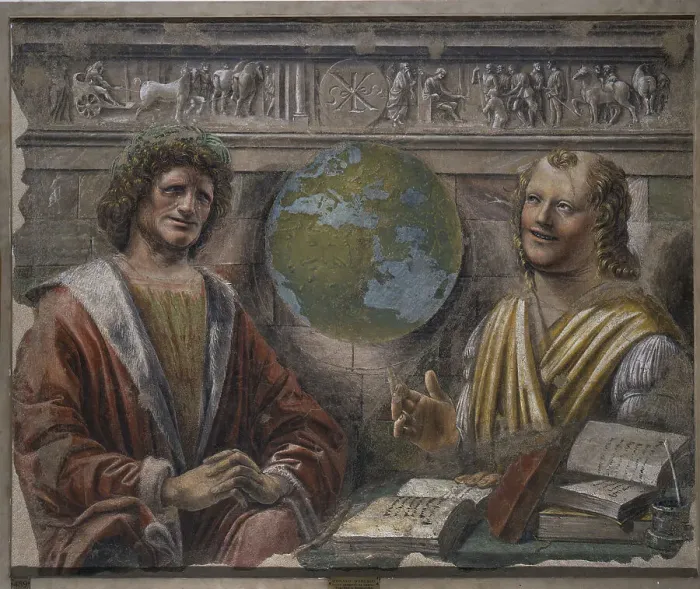 Framed Print : Heraclitus and Democritus, 1486. Artist: Bramante, Donato (1444-1514) Framed Print : Heraclitus and Democritus, 1486. Artist: Bramante, Donato (1444-1514)