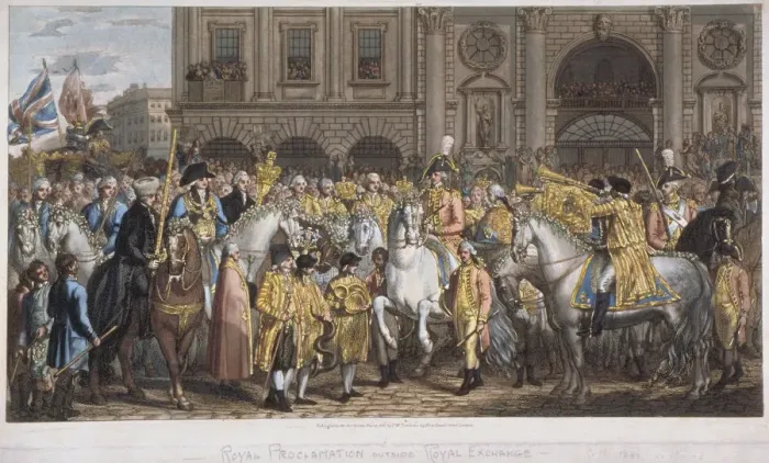 Framed Print : Herald reading the proclamation of peace outside the Royal Exchange, London 29 April, 1802 Framed Print : Herald reading the proclamation of peace outside the Royal Exchange, London 29 April, 1802