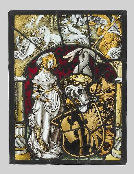 Heraldic Panel with Arms of Lichtenfels and a Unicorn Hunt, c. 1515. Creator: Unknown