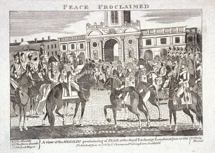 Framed Print : Heralds reading proclamation of peace, Royal Exchange, London, June 28th 1814. Artist Framed Print : Heralds reading proclamation of peace, Royal Exchange, London, June 28th 1814. Artist